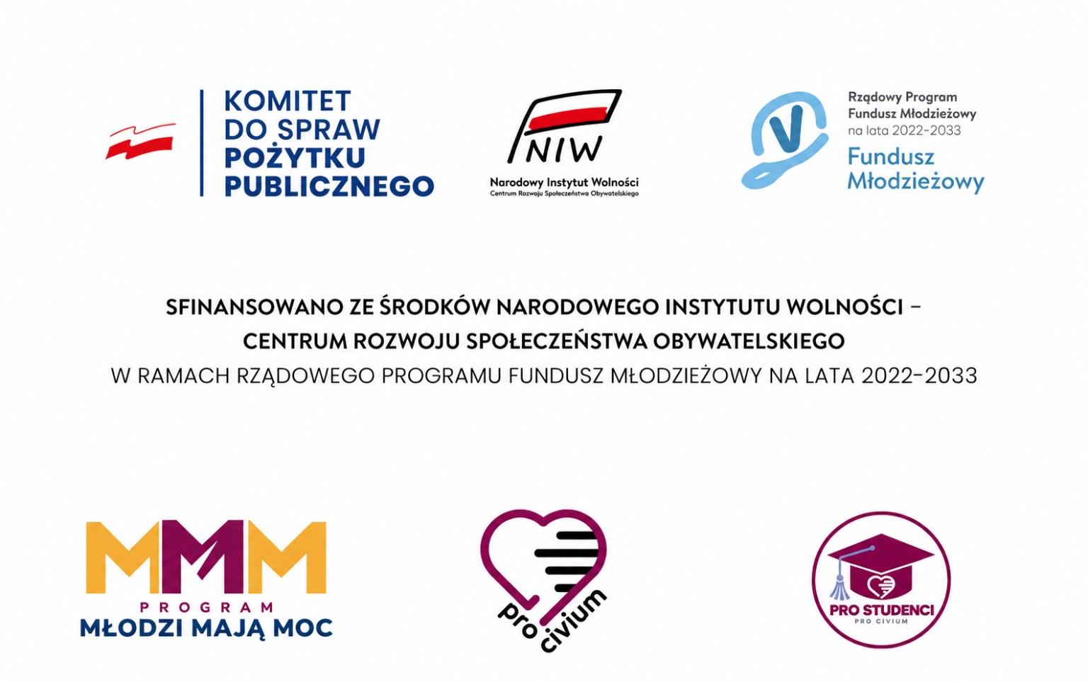 Logotypy Komitetu do spraw Pożytku Publicznego, Narodowego Instytutu Wolności, Funduszu Młodzieżowego, Programu Młodzi Mają Moc, Pro Civium i Pro Studenci